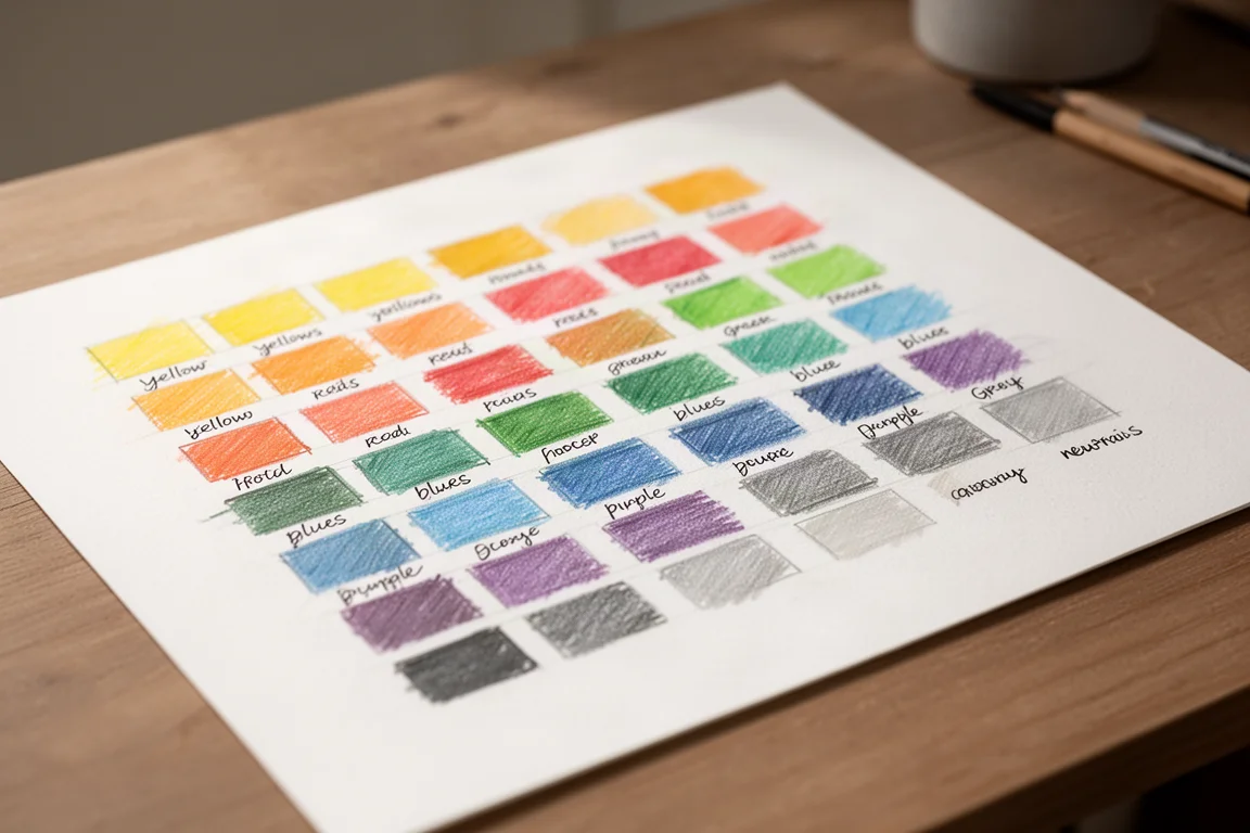 Hand-drawn swatch chart of 72 pencil colors on white paper