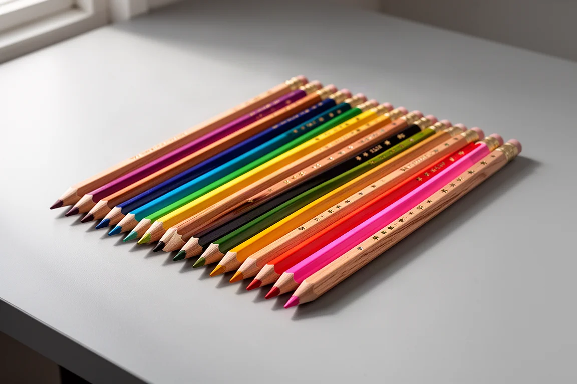 Set of 72 colored pencils fanned out on a light grey desk surface
