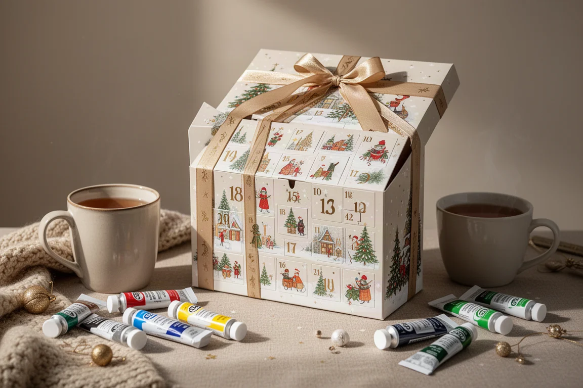 A decorated advent calendar box with ribbon packaging opened on a cozy craft table