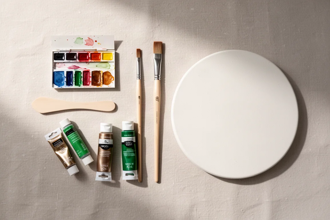 Close-up of watercolor paints, brushes, and a round canvas panel arranged on a desk