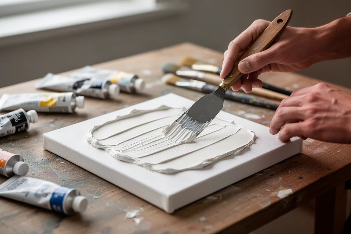 An artist's hand holding a palette knife over a canvas with texture paste