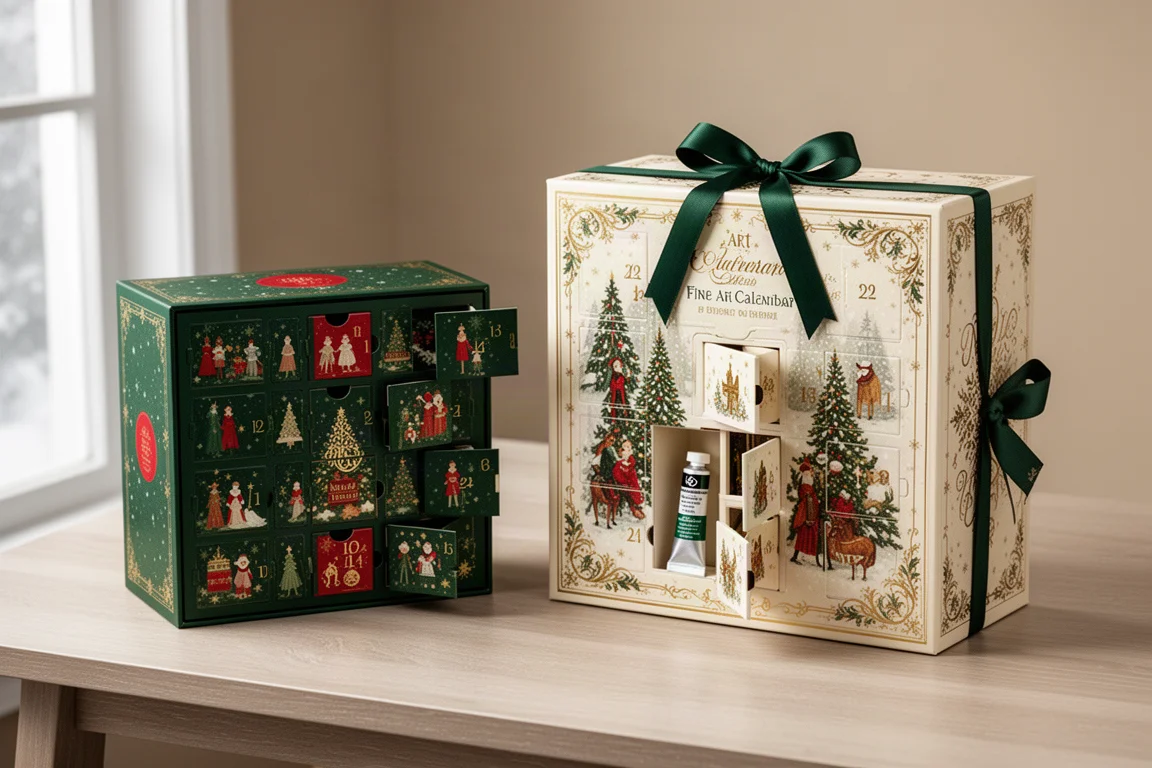 Two illustrated advent calendar boxes side by side on a wooden table