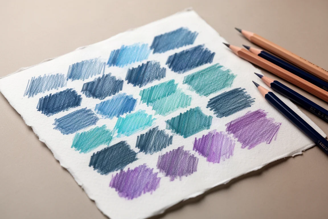 Handgemalte Farbstreifen von Buntstiften in Blau- und Violetttönen auf weißem Papier