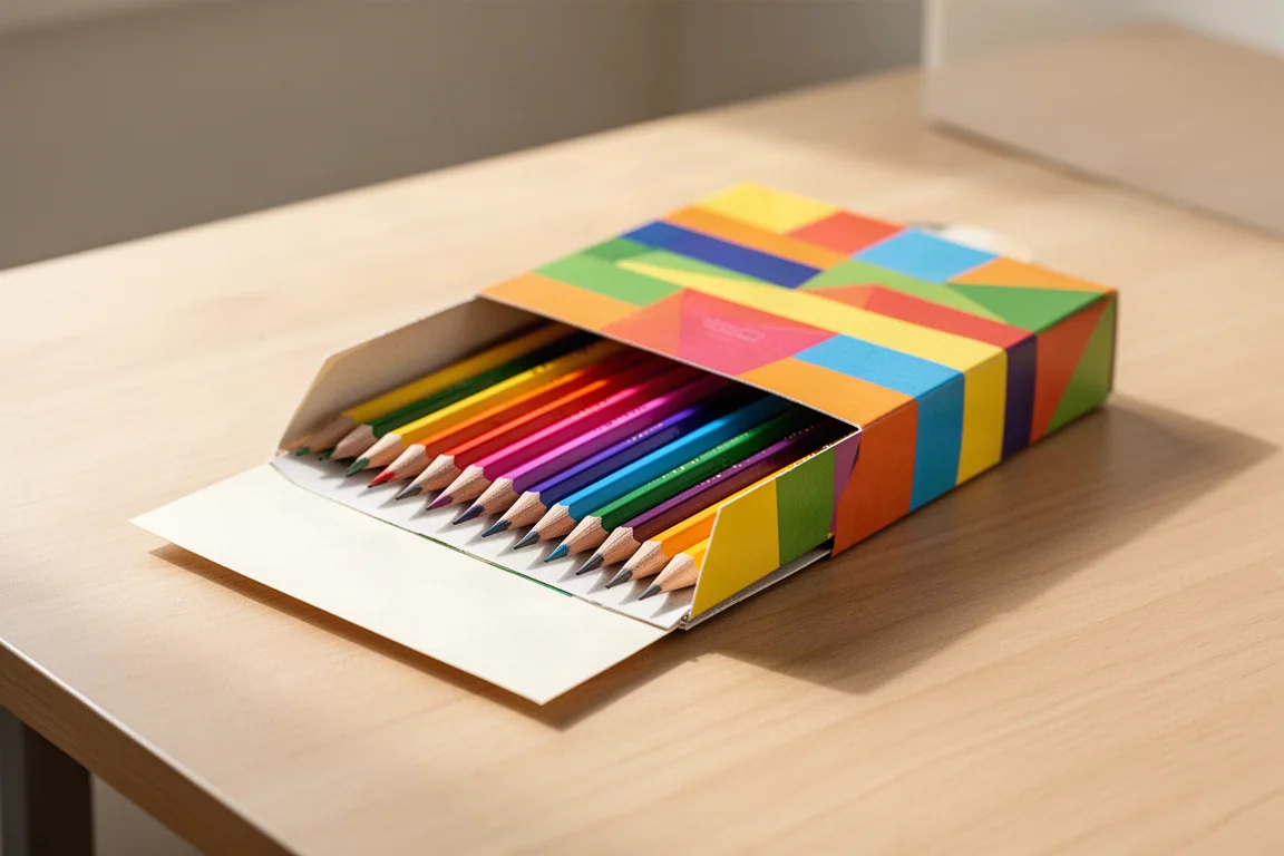 Brightly colored pencil packaging with a tray of graphite pencils sliding out