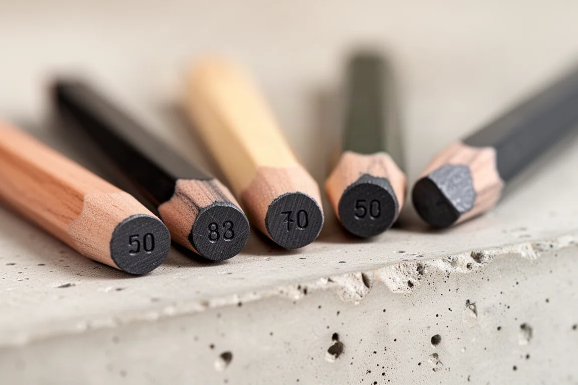 Close-up of graphite pencil ends showing grade markings stamped on the butt of each barrel