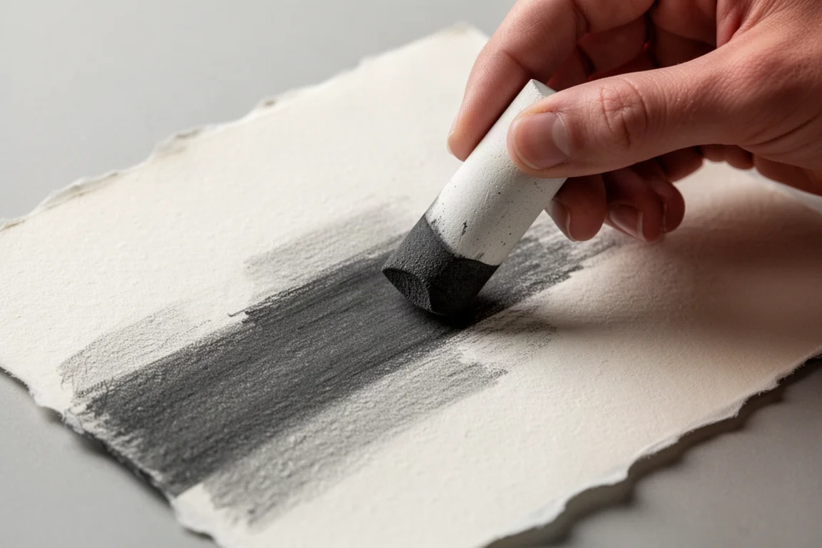 A paper blending stump smoothing a swatch of soft dark graphite on textured paper