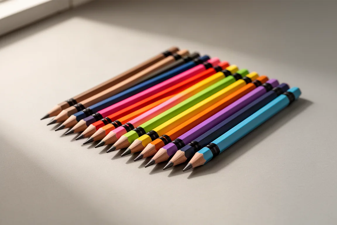 Fourteen colored graphite pencils fanned out on a light grey surface