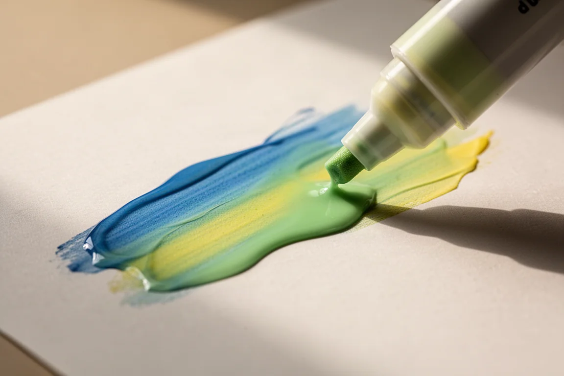 Wet paint being blended with a brush on paper