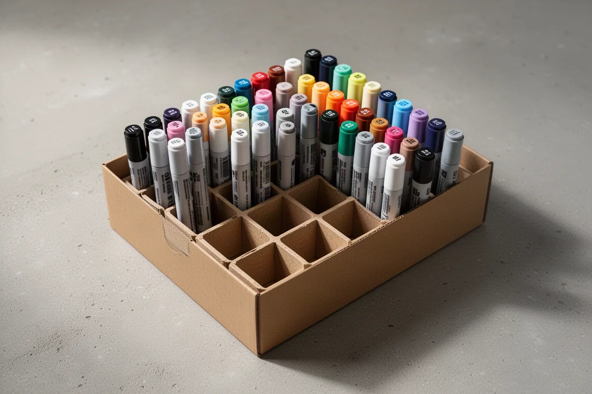Markers stored upright in their original box tray