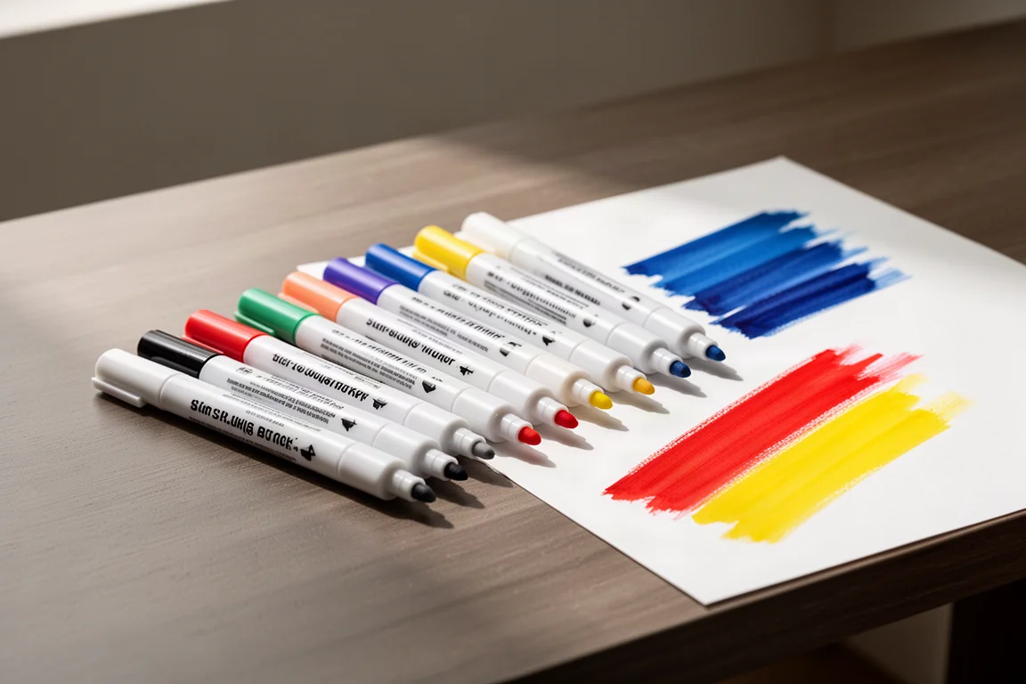 Set di sottili pennarelli acrilici con cappucci colorati accanto a campiture vivaci