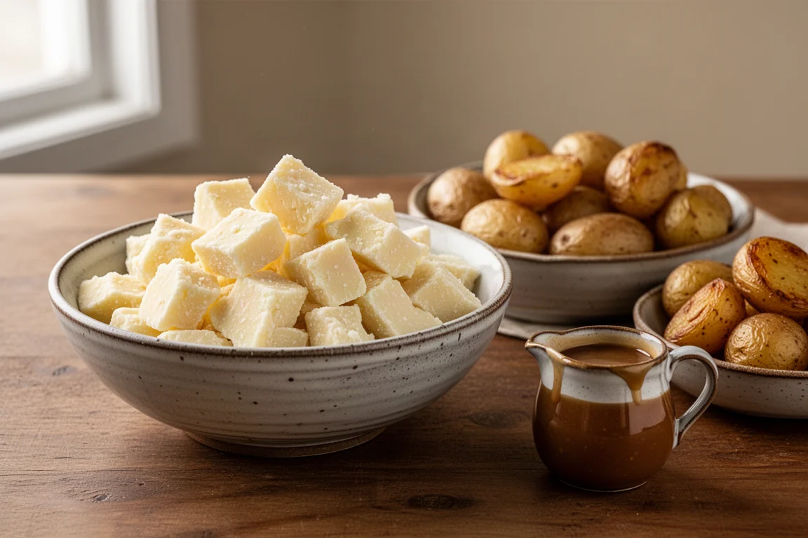 Lose frische Cheddar-Curds in einer Schüssel neben Bratkartoffeln und Bratensauce
