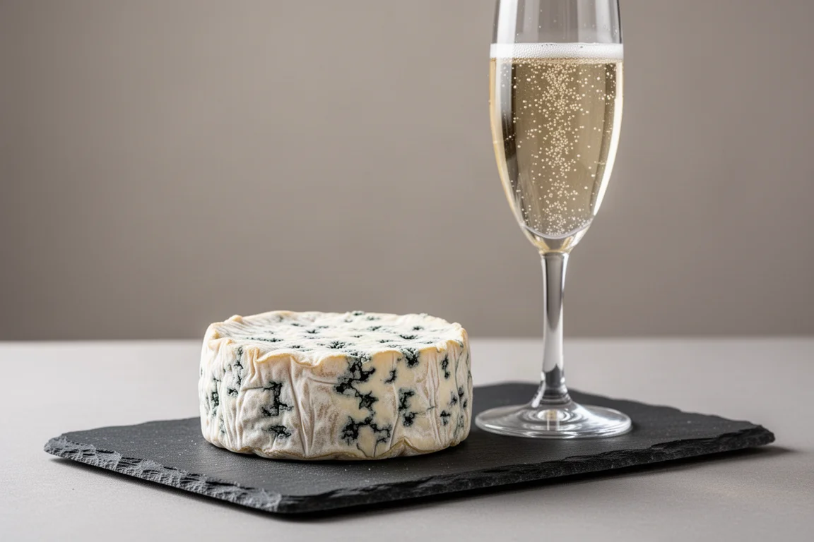Ein kleiner runder Käse mit blauschimmeliger Rinde neben einem Glas Prosecco