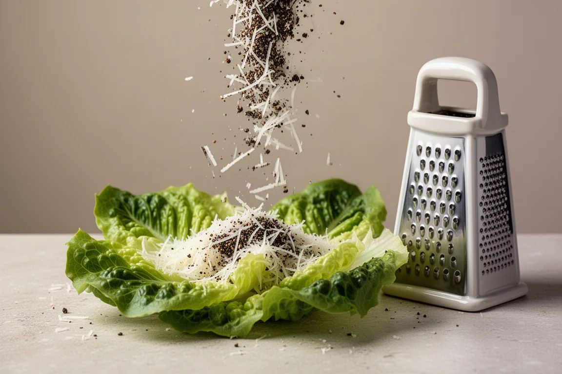 Eine Reibe hobelt eine harte, pfeffrige Käsekugel über frische Salatblätter