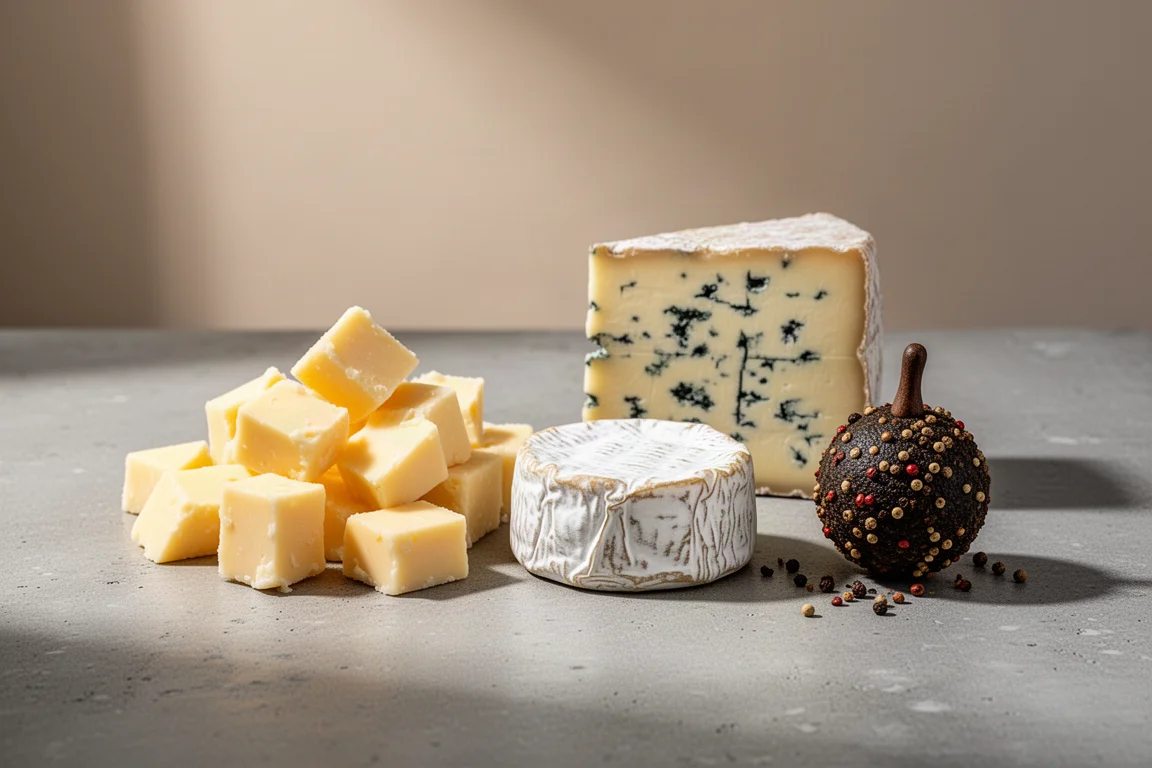 Three artisan cheeses on a concrete surface: cheddar curds, a blue-rinded round cheese, and a peppery cheese knob