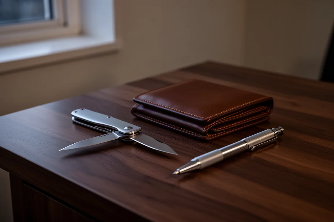 Slank dress knife naast een leren portemonnee op een bureau van donker hout