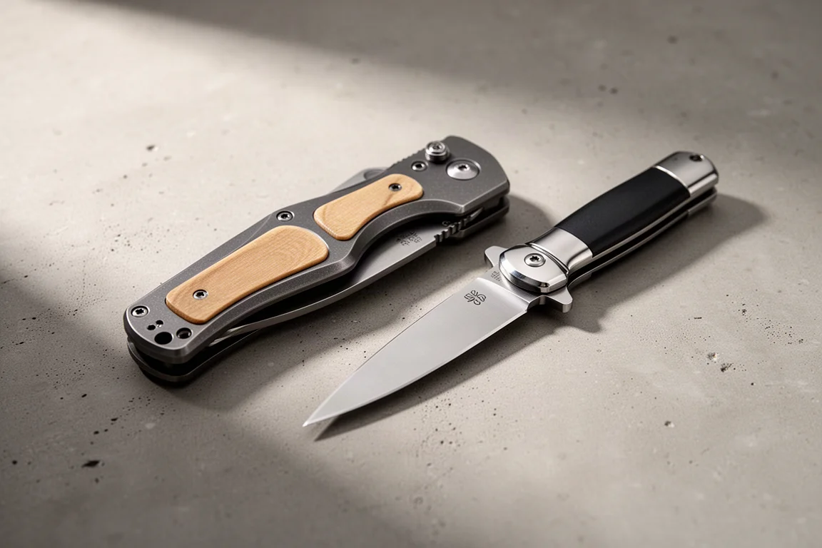 Noże składane Artisan Cutlery Boa i Voltaic obok siebie na betonowej powierzchni