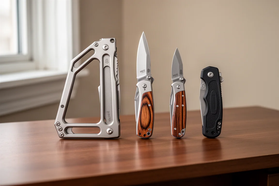 Three folding knives lined up side by side on a wooden desk