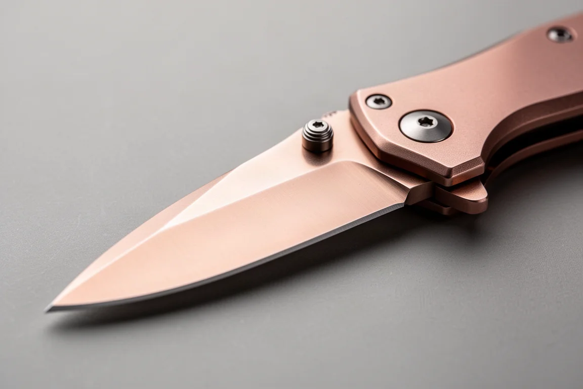 Close-up of a folding knife blade with a warm sheen and thumb studs