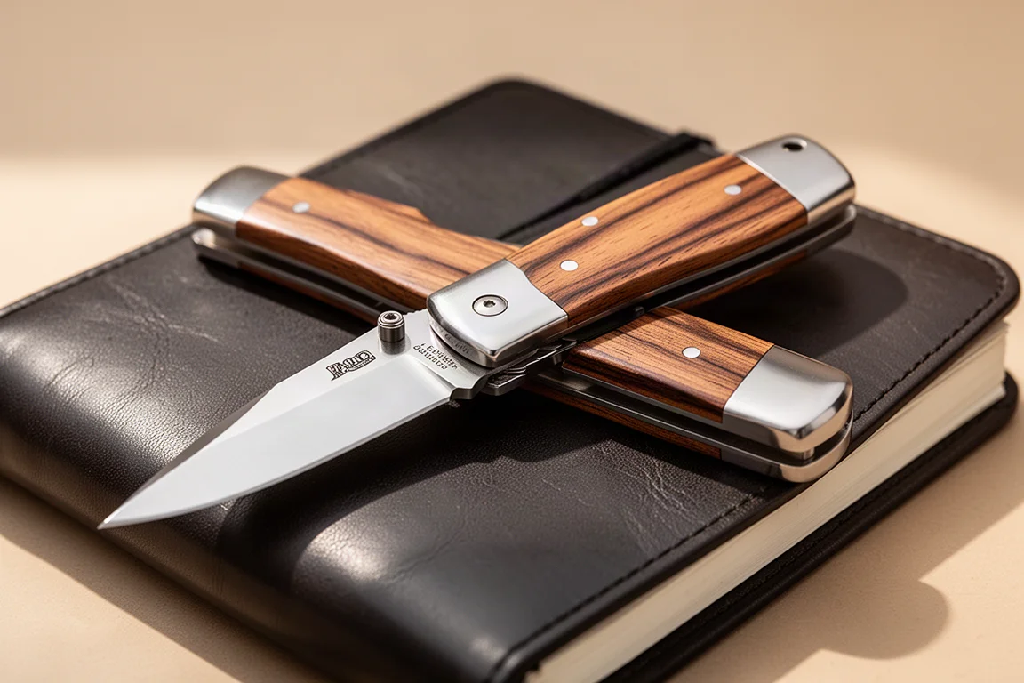 Folding knife with rosewood handle scales and stainless steel bolsters