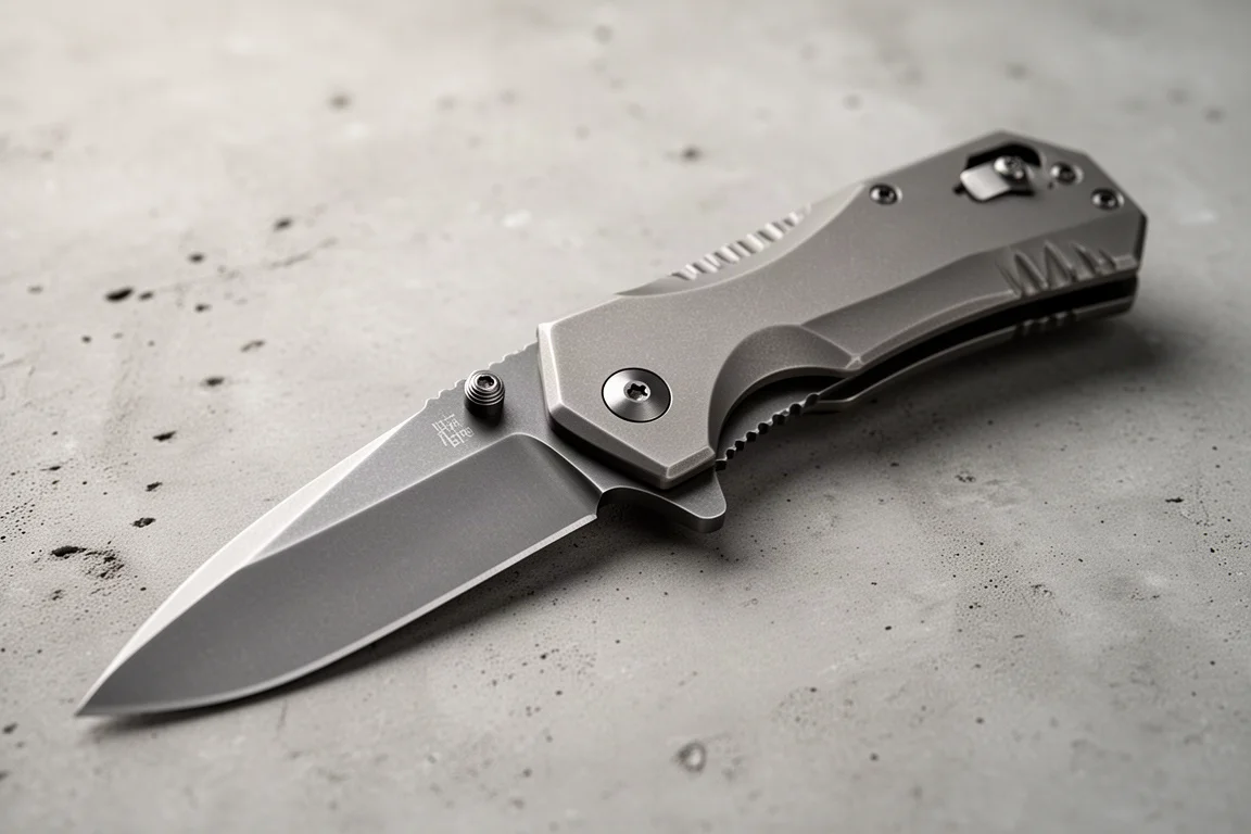 Large titanium-framed folding knife with jimping and contoured handle