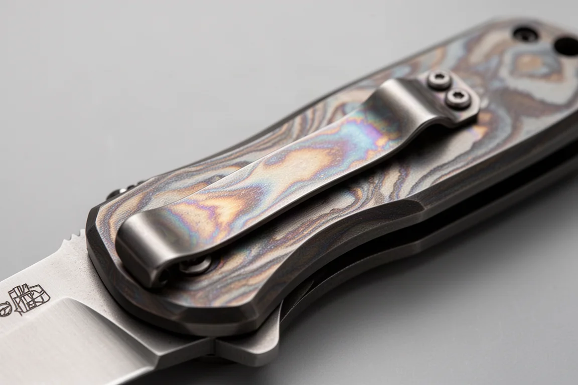 Detalj av marmorerad timascus-bygelklipp på ett fällknivshandtag