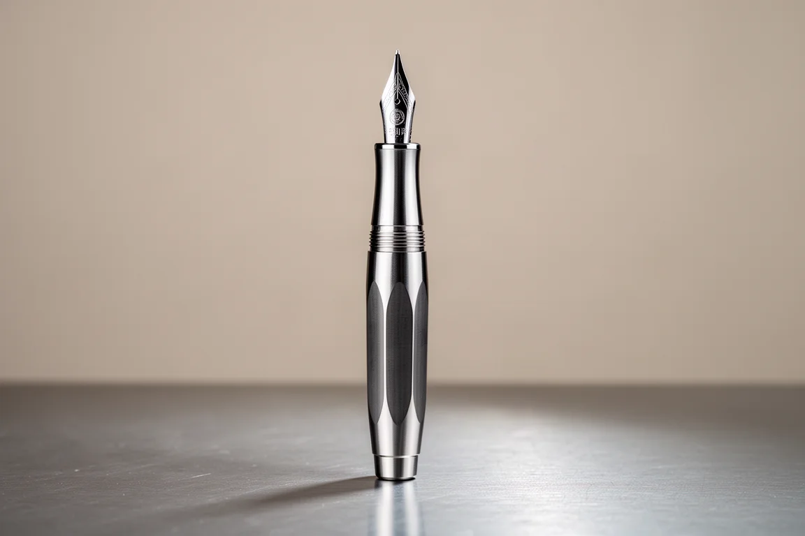 Pluma estilográfica de titanio de diseño industrial en vertical sobre una superficie de metal cepillado