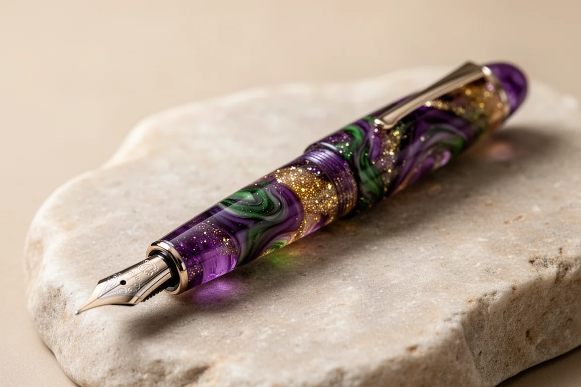 Pluma estilográfica de resina multicolor con vetas vibrantes y inclusiones brillantes sobre piedra clara