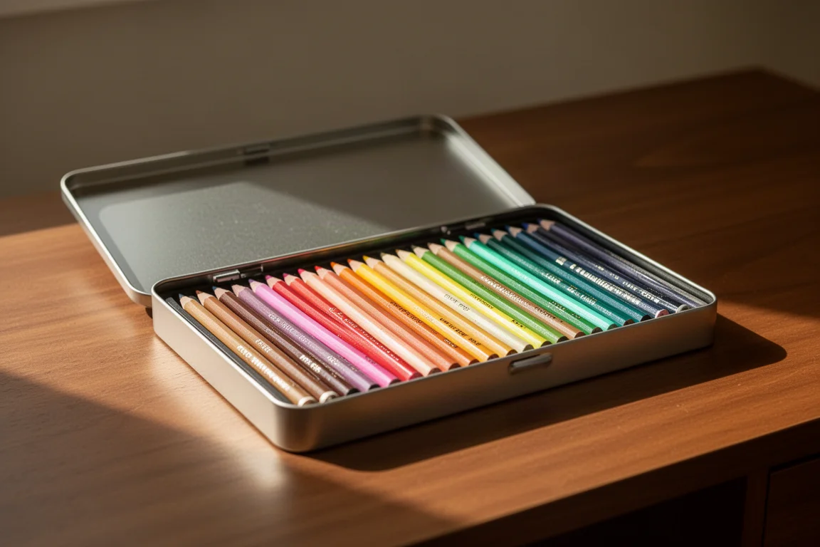 Scatola aperta di matite colorate per artisti disposte in una ordinata gradazione di colori