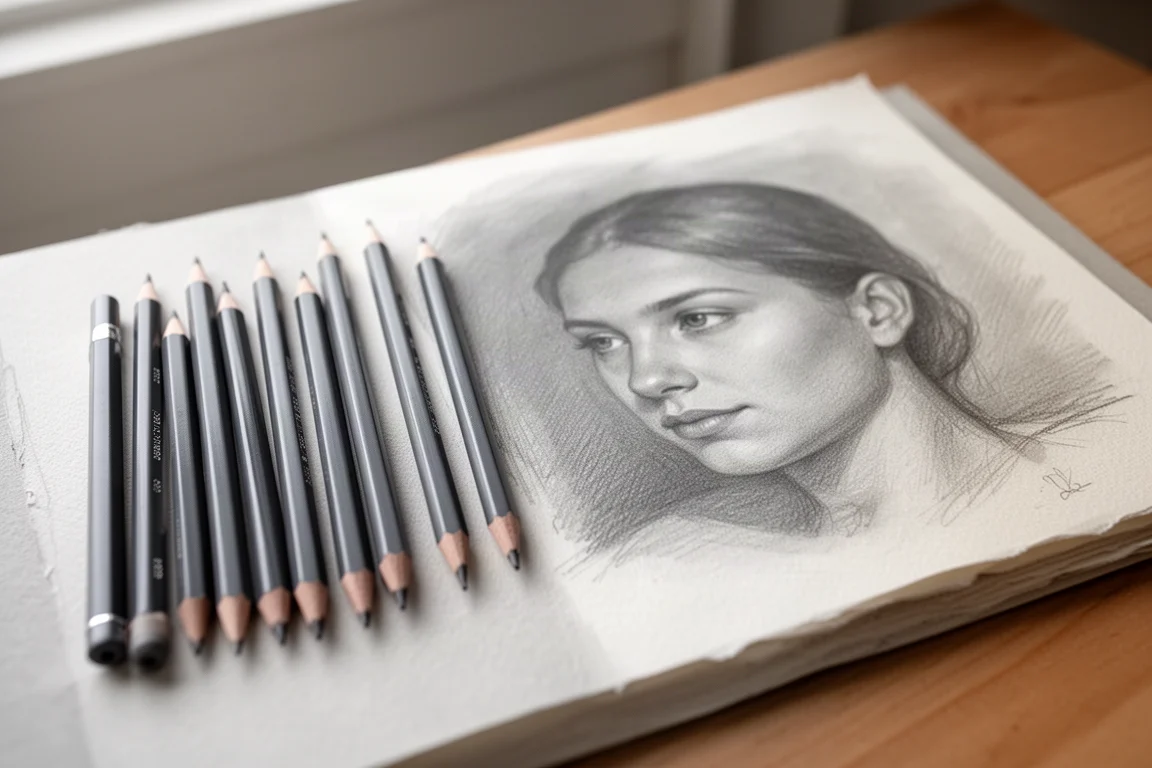Matite di grafite accanto a uno schizzo tonale su carta da disegno