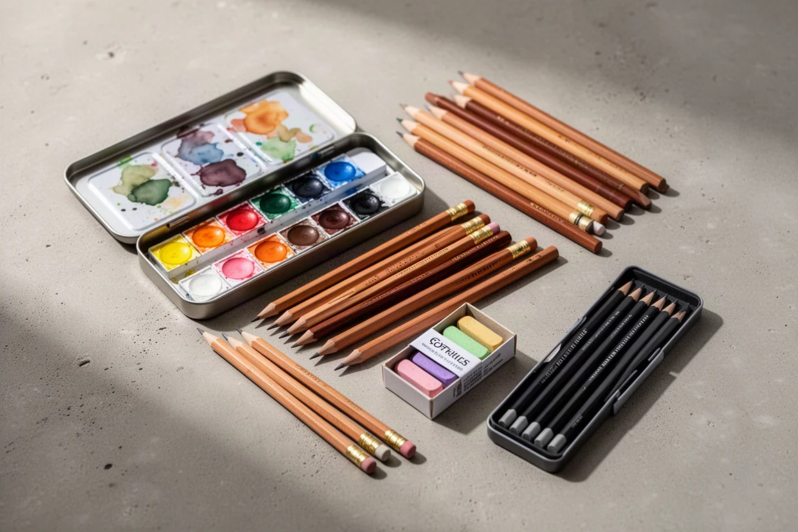 Composizione flat-lay di materiali per artisti tra scatole di matite, pastelli e mezzi pastiglie di acquerello
