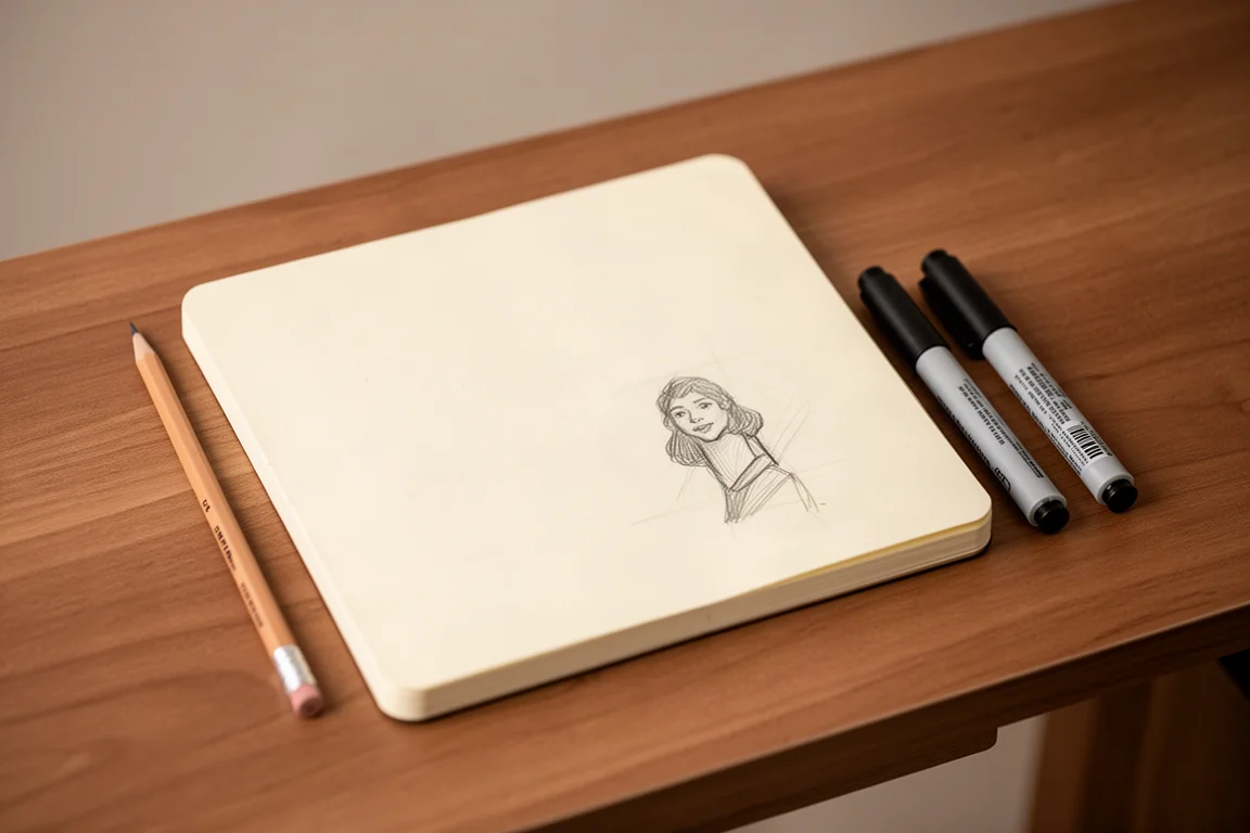Caderno de esboço aberto com papel creme sendo testado com lápis e marcadores