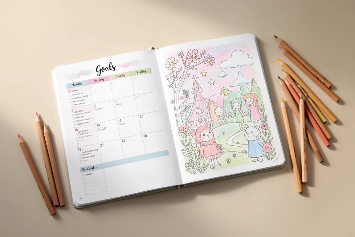 Planner para colorir aberto com spread de metas mensais e desenhos em lápis de cor