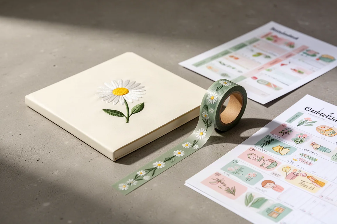 Square sketchbook, glossy washi tape, and illustrated planner arranged on a concrete surface