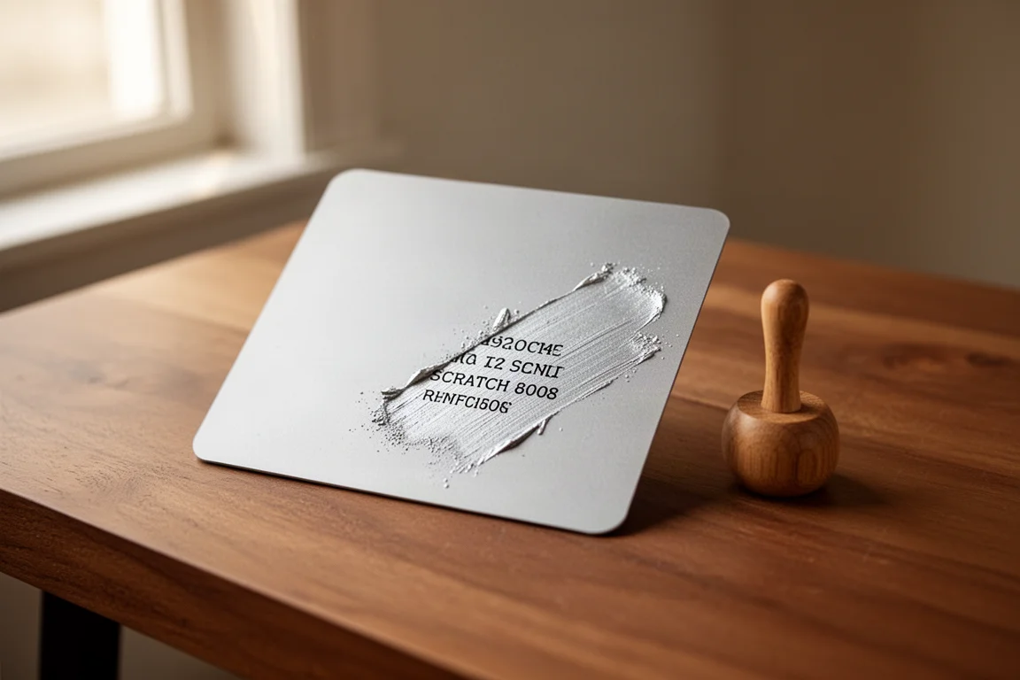 Cartão de prompt de raspar sendo revelado com um estilete de madeira sobre uma mesa
