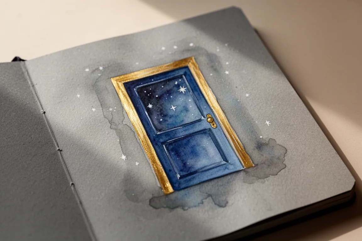 Uma pequena arte pintada de porta mágica com textura de aquarela azul e dourada metálica