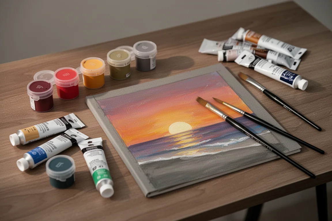 Potes de guache, tintas acrílicas e pincéis dispostos para uma sessão de pintura de paisagem