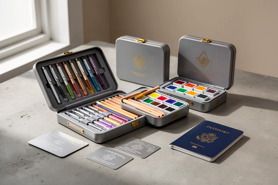 Three art mystery boxes with scratch-off cards, pens, pencils and a passport-style book on a concrete surface