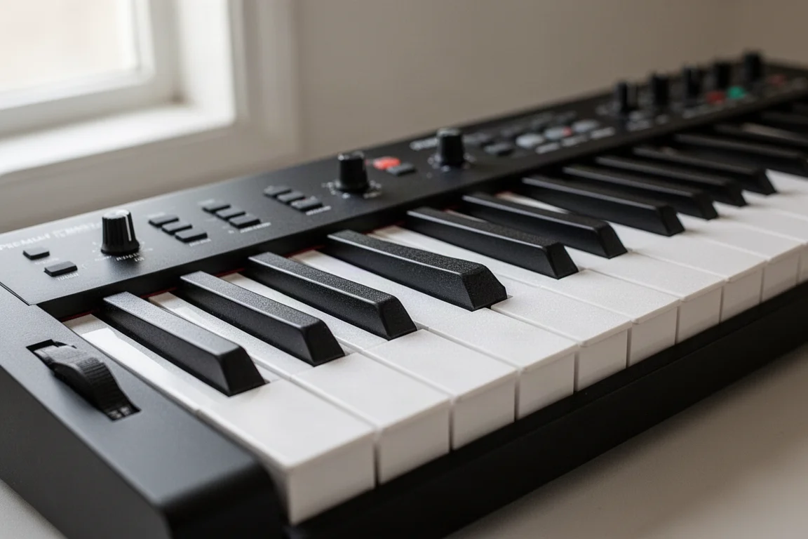 Nahaufnahme einer gewichteten Hammermechanik-Tastatur auf einem Premium-MIDI-Controller