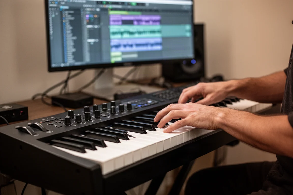 Hände eines Musikers spielen einen gewichteten Keyboard-Controller im Heimstudio