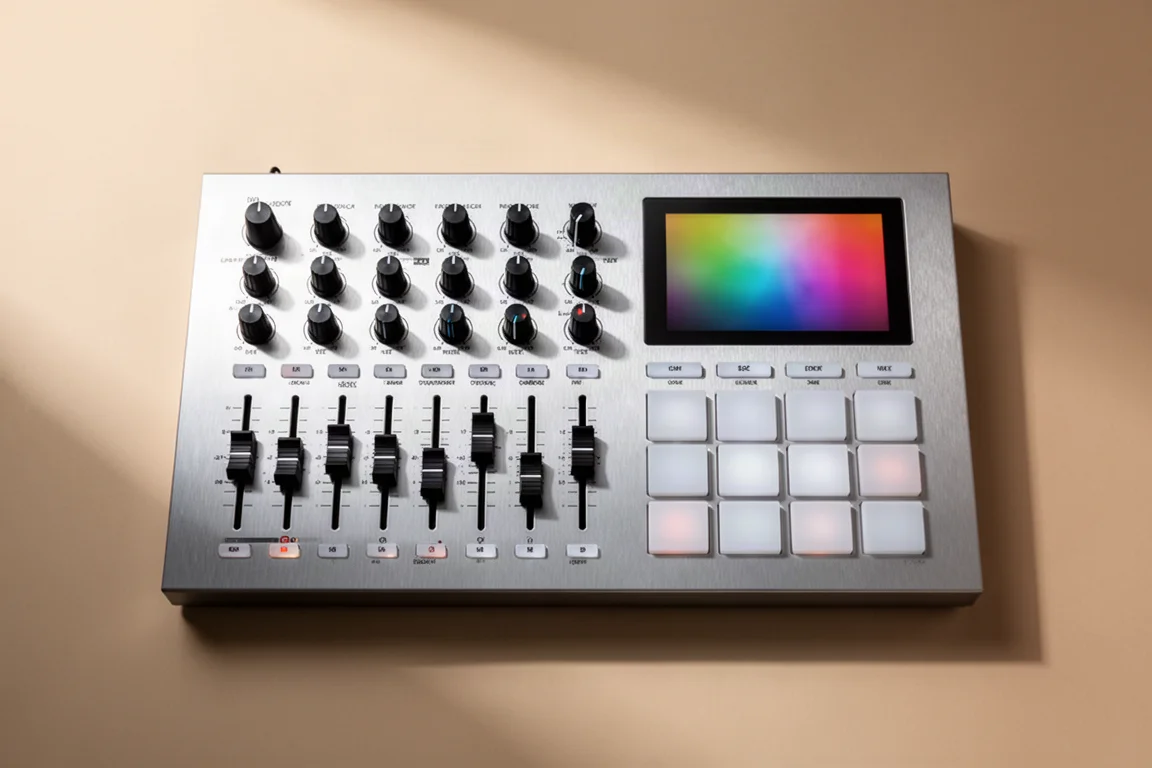 Draufsicht auf einen MIDI-Controller mit Encodern, Fadern und Drum-Pads