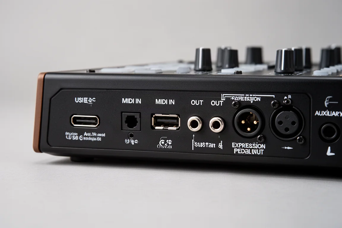 Rückseite eines MIDI-Controllers mit USB-C- und MIDI-Anschlüssen