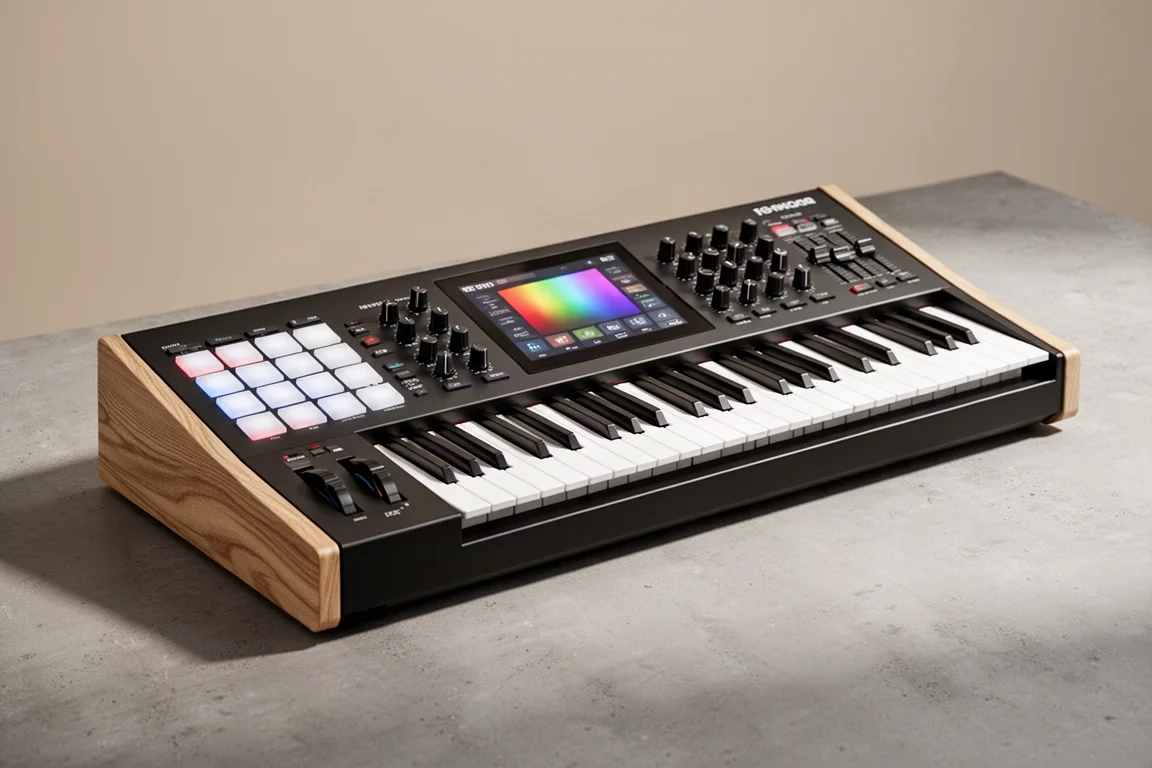Tastiera controller MIDI Arturia KeyLab 88 MK3 con pannelli laterali in faggio su una superficie di cemento