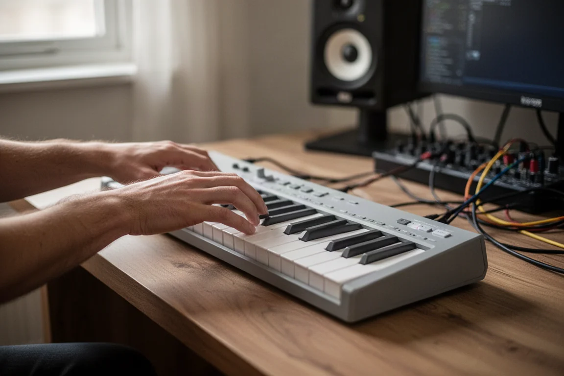 ホームスタジオでArturia MiniLab 3の鍵盤を弾く手のクローズアップ