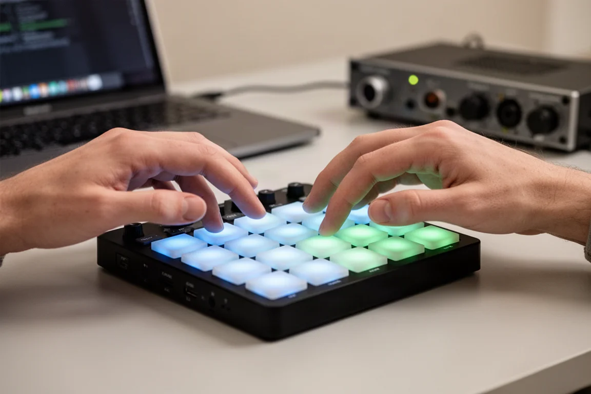Novation Launchkey Mini MK4のRGBパッドでフィンガードラムを演奏する様子