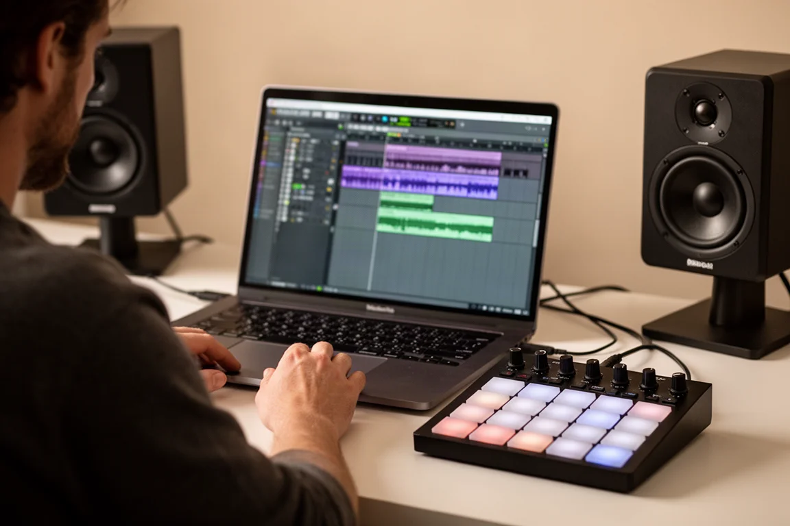 スタジオでDAWとLaunchkey Mini MK4を使って作業するプロデューサー