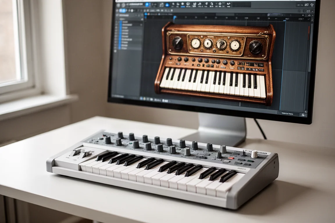 デスクに置かれたArturia MiniLab 3と、モニターに表示されたバーチャルインストゥルメントのインターフェース
