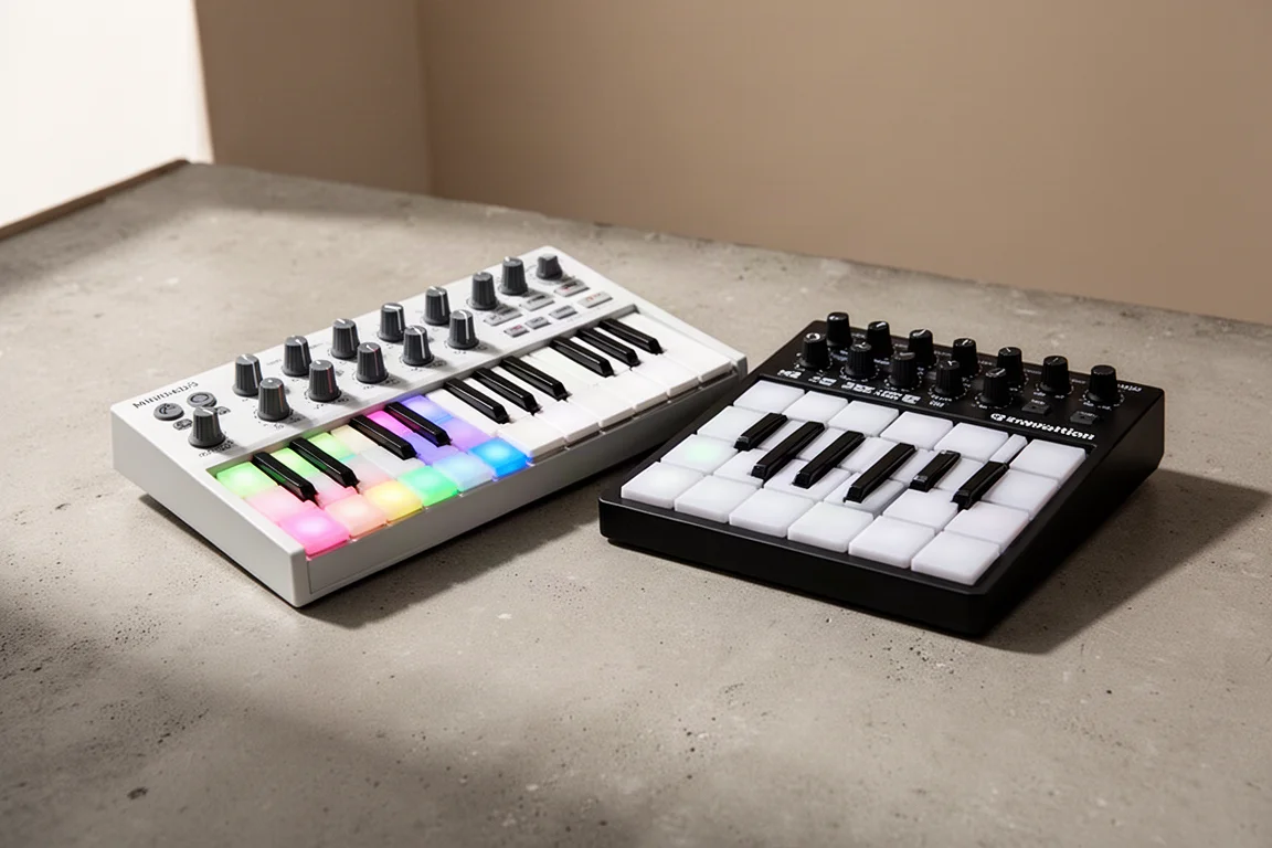 Arturia MiniLab 3 e Novation Launchkey Mini MK4 affiancati su una superficie di cemento