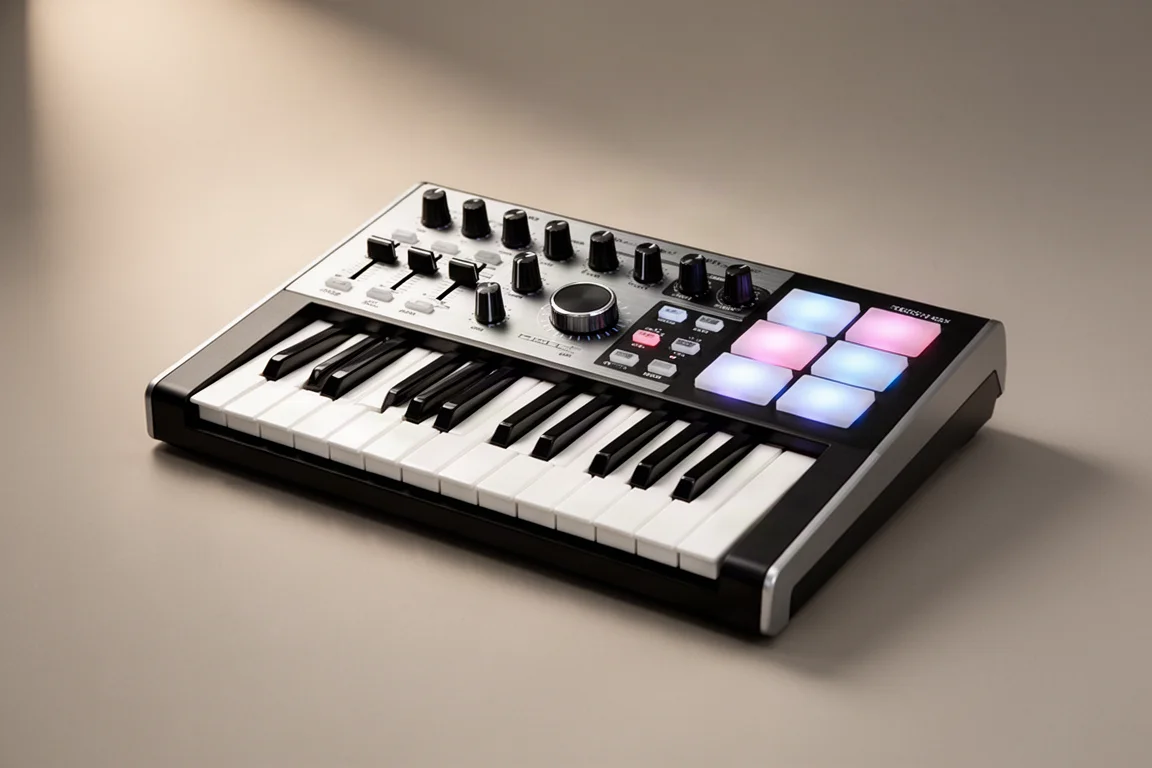 マットなコンクリート表面に置かれたArturia MiniLab 37 MIDIキーボードコントローラー