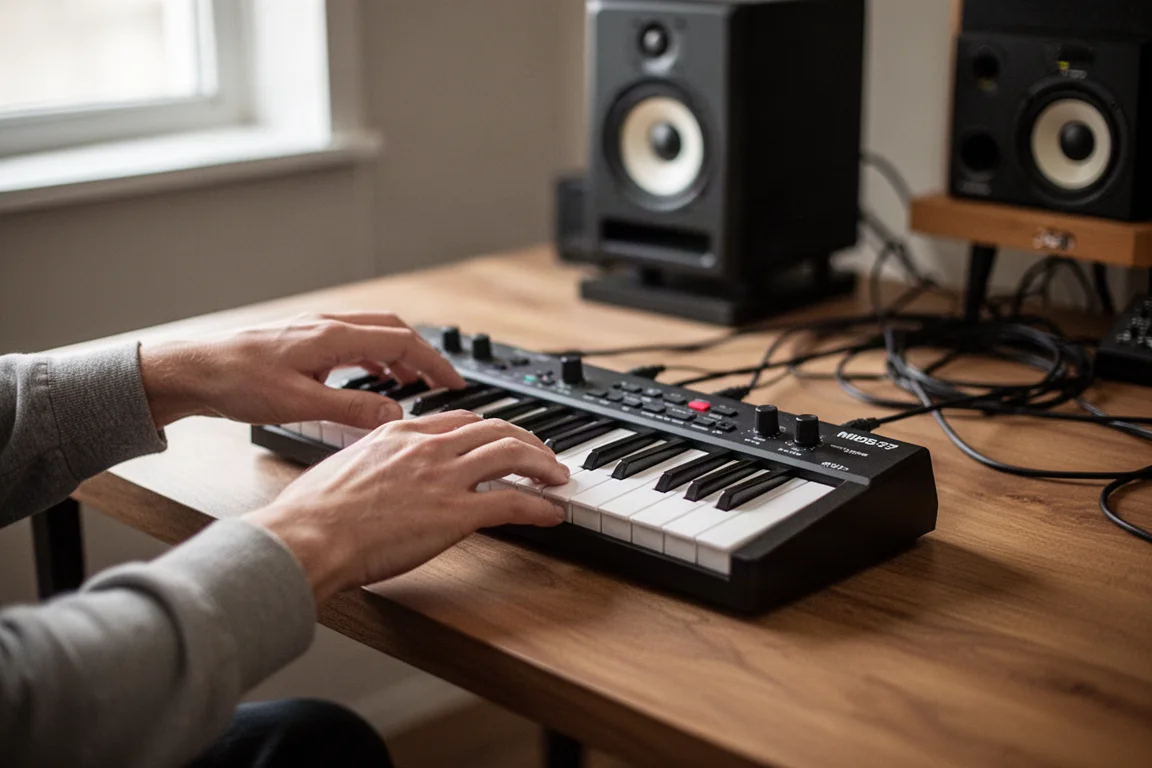 ホームスタジオでコンパクトな37鍵MIDIキーボードを演奏する手のクローズアップ
