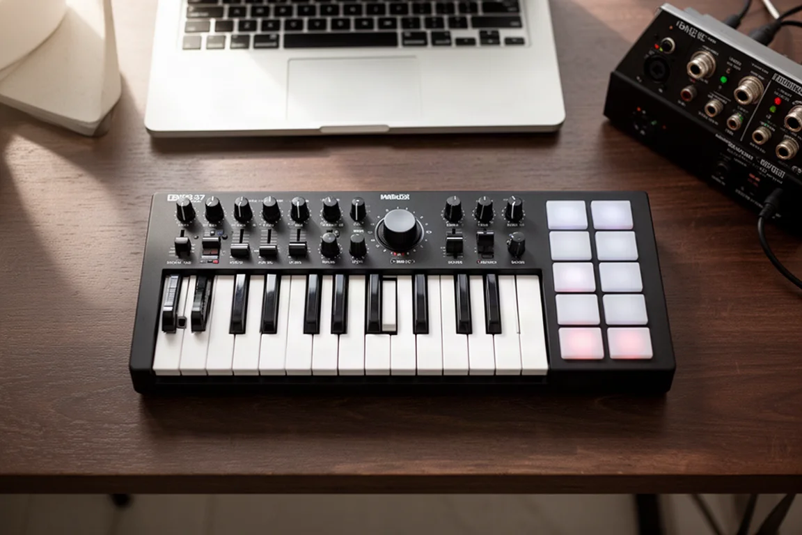 デスク上にノブ、フェーダー、ドラムパッドを備えたMIDIキーボードの上面図